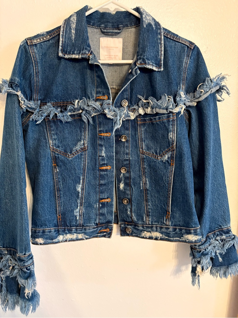 Zara Distressed Blue Fringe Denim Jacket